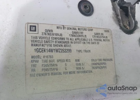 1998 Chevrolet K1500 Fleetside W/T from USA, damaged, VIN 1GCEK14W1WZ282299